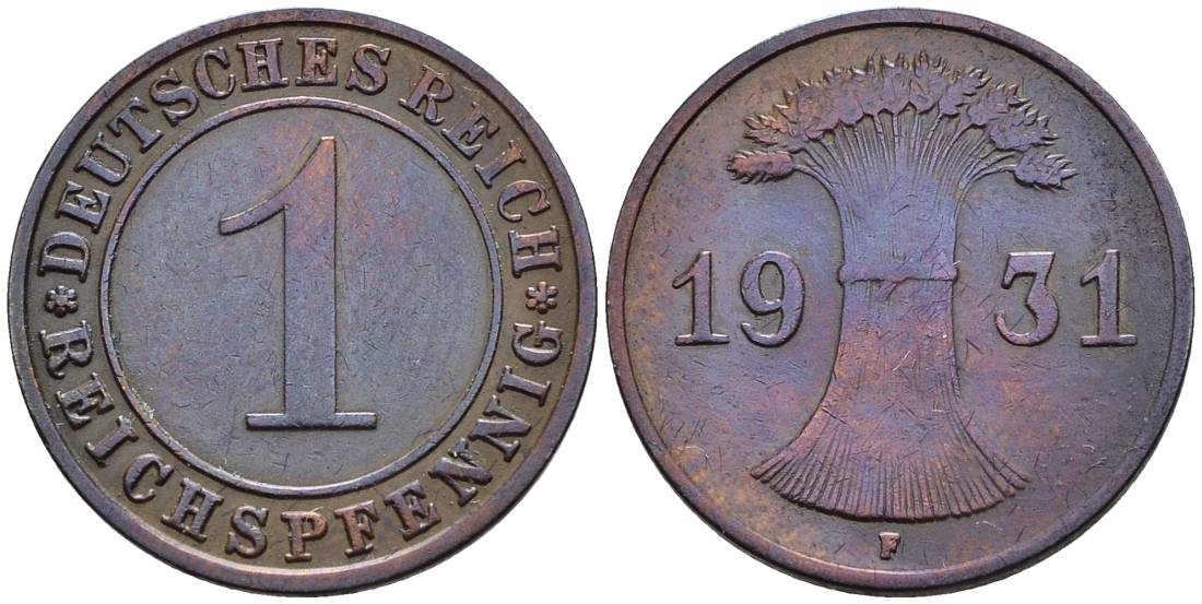 ГЕРМАНИЯ 1 РЕЙХСПФЕННИГ 1931 F KM 37, J. 313, Weege 2 бронза 4547-158