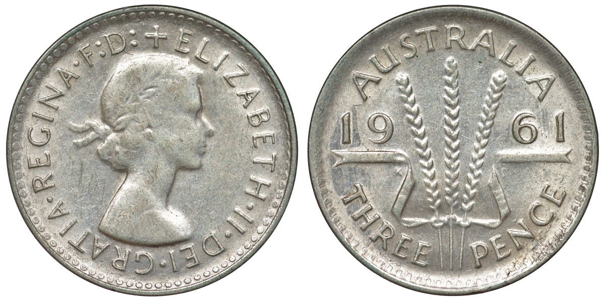 Австралия 3 пенса 1961 m, Елизавета II (1952-2022) KM 57 серебро 71-715