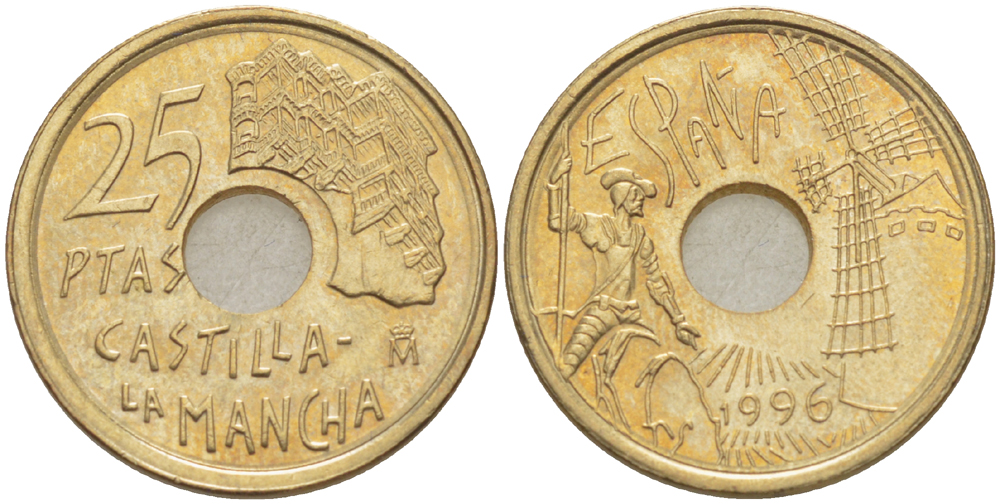 ИСПАНИЯ 25 ПЕСЕТ 1996 КАСТИЛЬЯ - ЛА МАНЧА - ДОН КИХОТ, ХУАН КАРЛОС I ( 1975-) KM 962 медь цинк никель 216-457