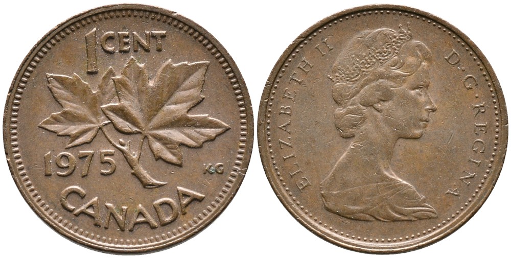 Канада 1 цент 1975 Елизавета II (1952-2022), кленовый лист KM 59.1 бронза 4528-741