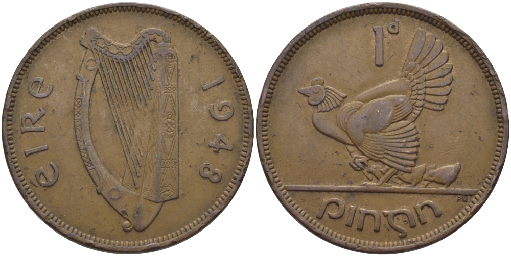 ИРЛАНДИЯ 1 ПЕННИ 1948 КУРИЦА С ЦЫПЛЯТАМИ KM 11 бронза 97-944