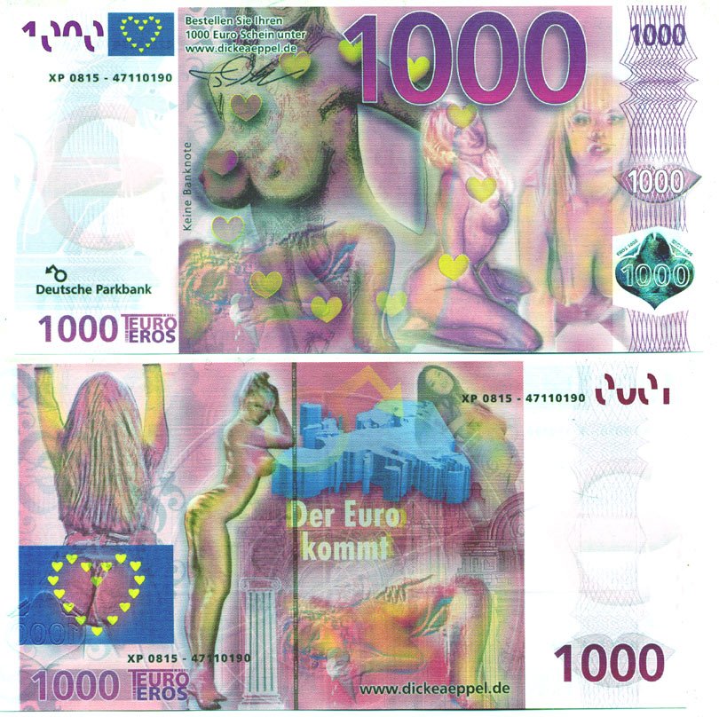 НИДЕРЛАНДЫ 1000 ЕВРО ND 1000 EURO EROS, ГАЛОГРАММА, ЭРОТИЧЕСКИЕ ЕВРО РОЗОВАЯ бумага UNC (ПРЕСС) 7146-56-1-1