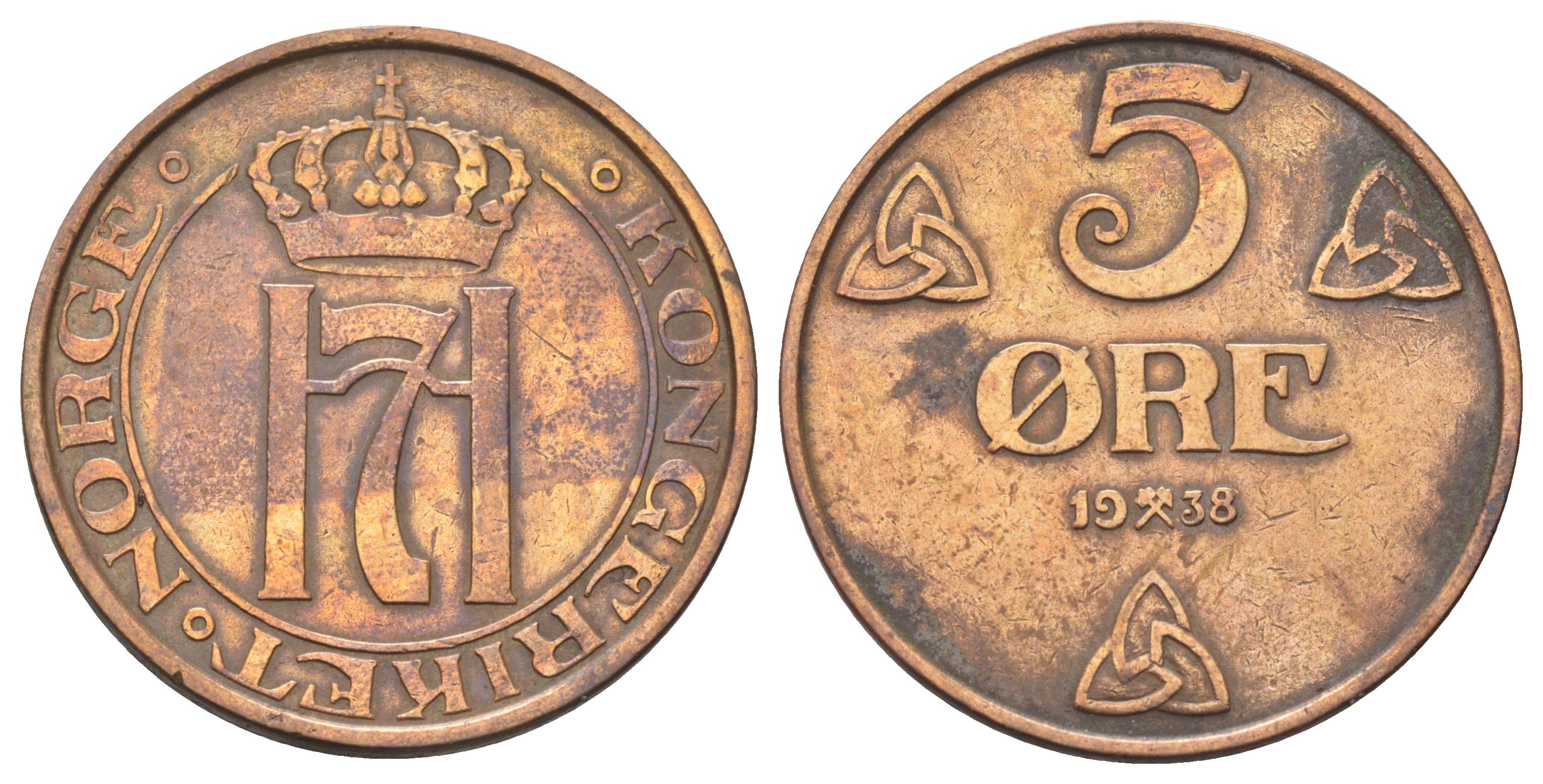 Норвегия 5 эре 1938 Хокон VII (1905-1957) KM 368 бронза 4700-741