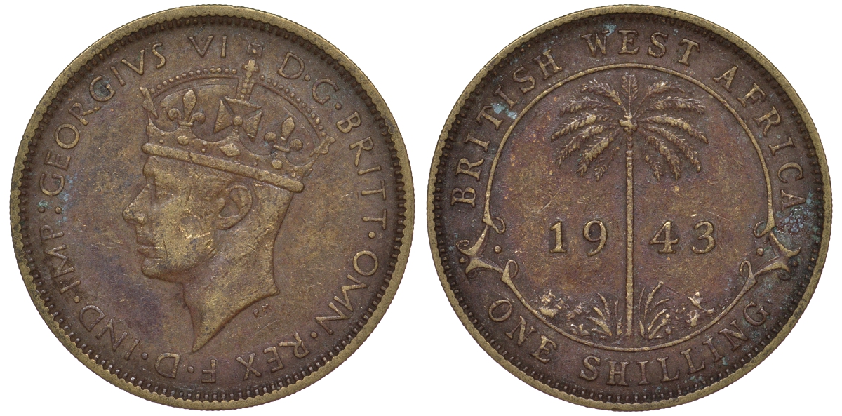 Британская Западная Африка 1 шиллинг 1943 Георг VI KM 23 никель латунь 25-1722