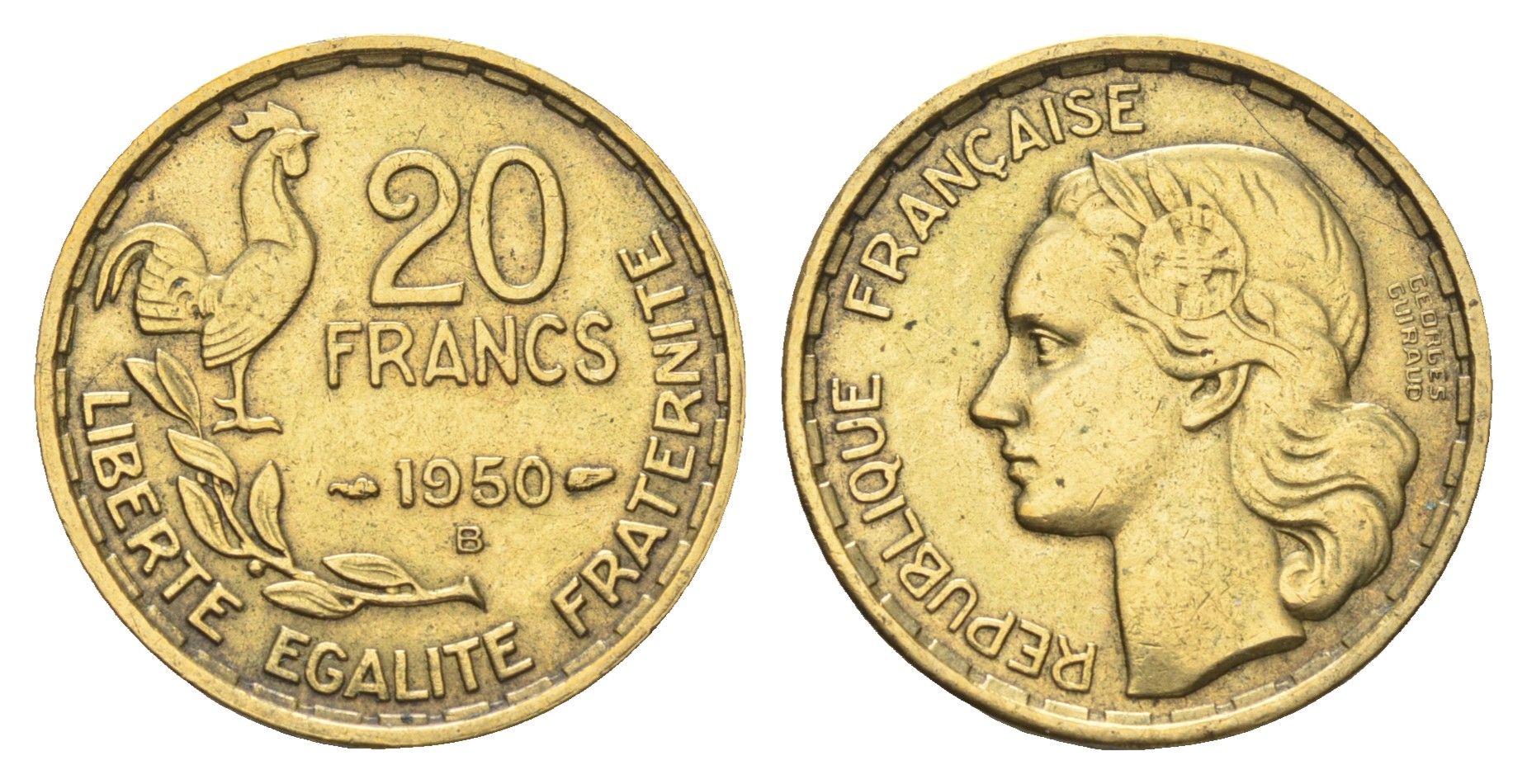 Франция 20 франков 1950 B, GEORGES GUIRAUD KM 916.2 алюминиевая бронза 4660-312