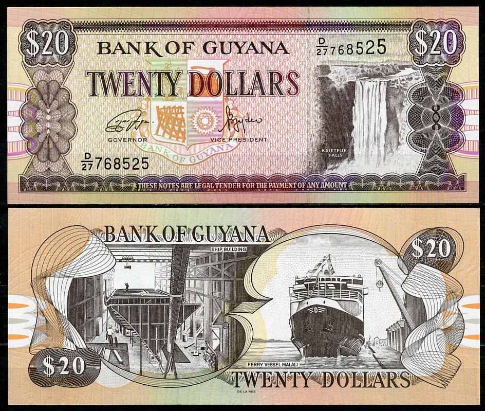 Гайана 20 долларов ND (1996-2018) водопад Кайетур, судостроение, паромное судно "Малали" Pick 30 h  бумага  UNC (пресс) 446-76-1
