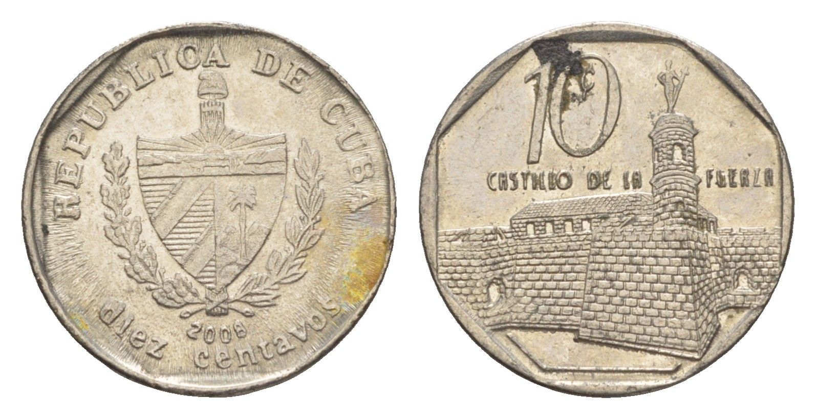 Куба 10 сентаво 2008 форт в Гаване Ла-Фуэрса KM 576.2, JMA MC20, Schoen 714 сталь плакированная никелем 4644-751