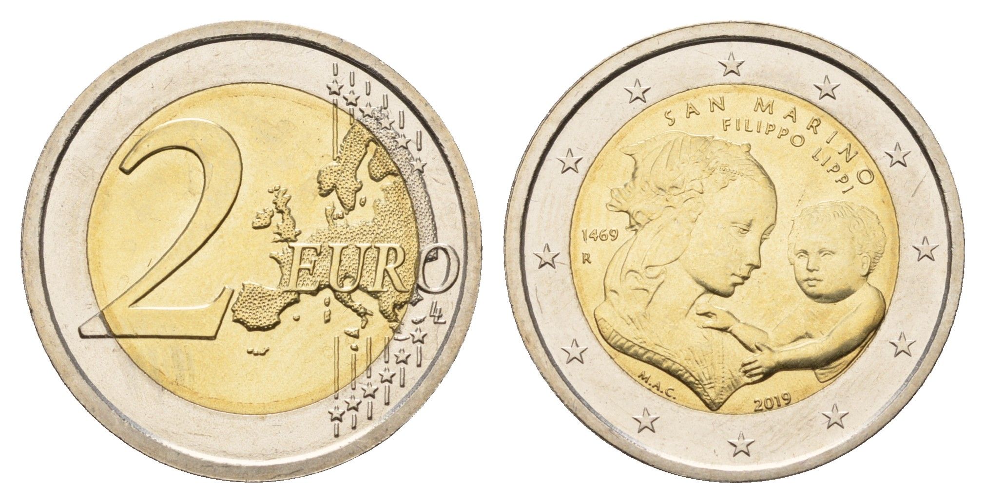 Сан-Марино 2 евро 2019 550 лет со дня смерти Филиппо Липпи KM 579 биметалл BU 270-712
