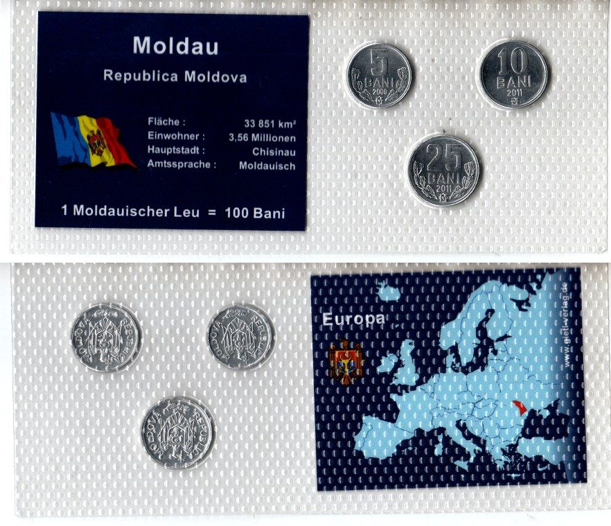 Молдавия (Молдова) набор из 3 монет (5, 10 и 25 бань (бани) 2006 и 2011 в красочной упаковке с информацией о стране KM 2, 3 и 7 алюминий UNC 5-4-1-122