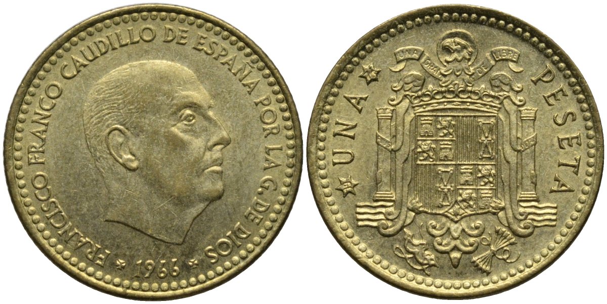 Испания 1 песета 1966 (74) Франсиско Франко (1939-1975) KM 796 алюминиевая бронза 4171-445