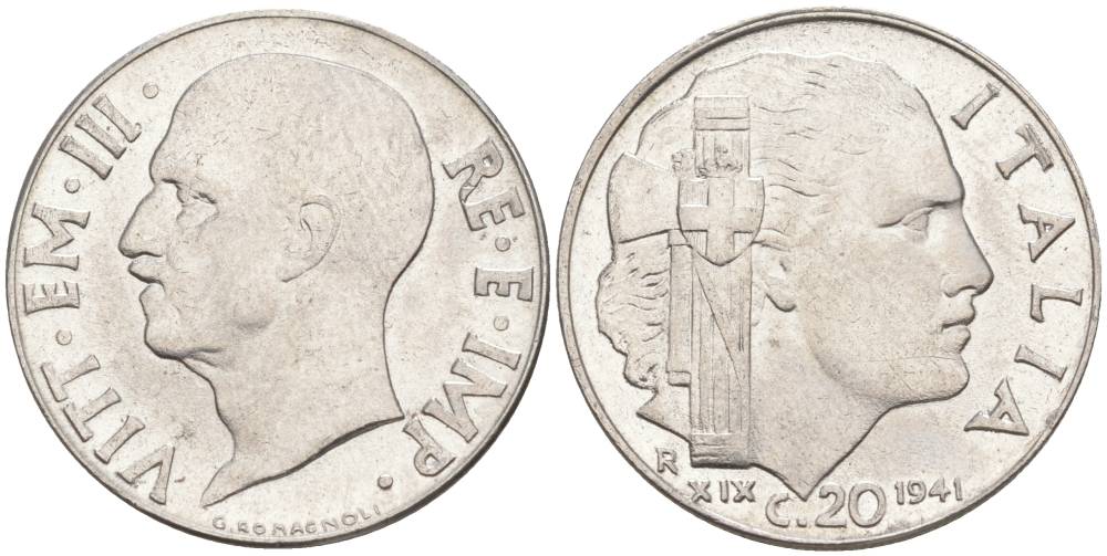 ИТАЛИЯ 20 ЧЕНТЕЗИМО 1941 R, ГОД XIX, ВИКТОР ЭММАНУИЛ III (1900-1946) KM 75b, VEM3. 1028 нержавеющая сталь 3853-1031