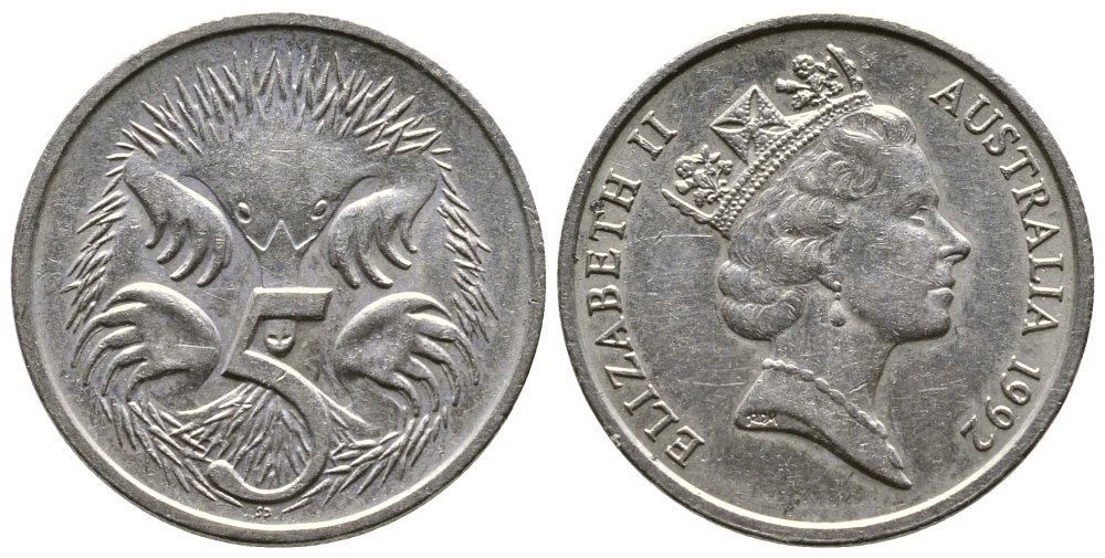 АВСТРАЛИЯ 5 ЦЕНТОВ 1992 ЕЛИЗАВЕТА II, ВТОРОЙ ПОРТРЕТ В КОРОНЕ, ЕХИДНА KM 80 медно-никель 84-911