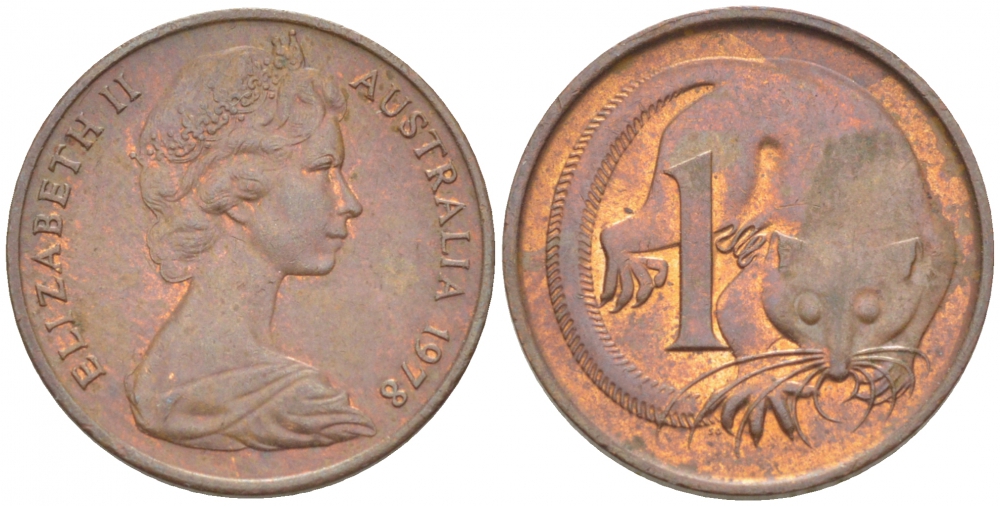 АВСТРАЛИЯ 1 ЦЕНТ 1978 ЕЛИЗАВЕТА II, МОЛОДОЙ ПОРТРЕТ, ОПОССУМ KM 62 бронза 3851-1116