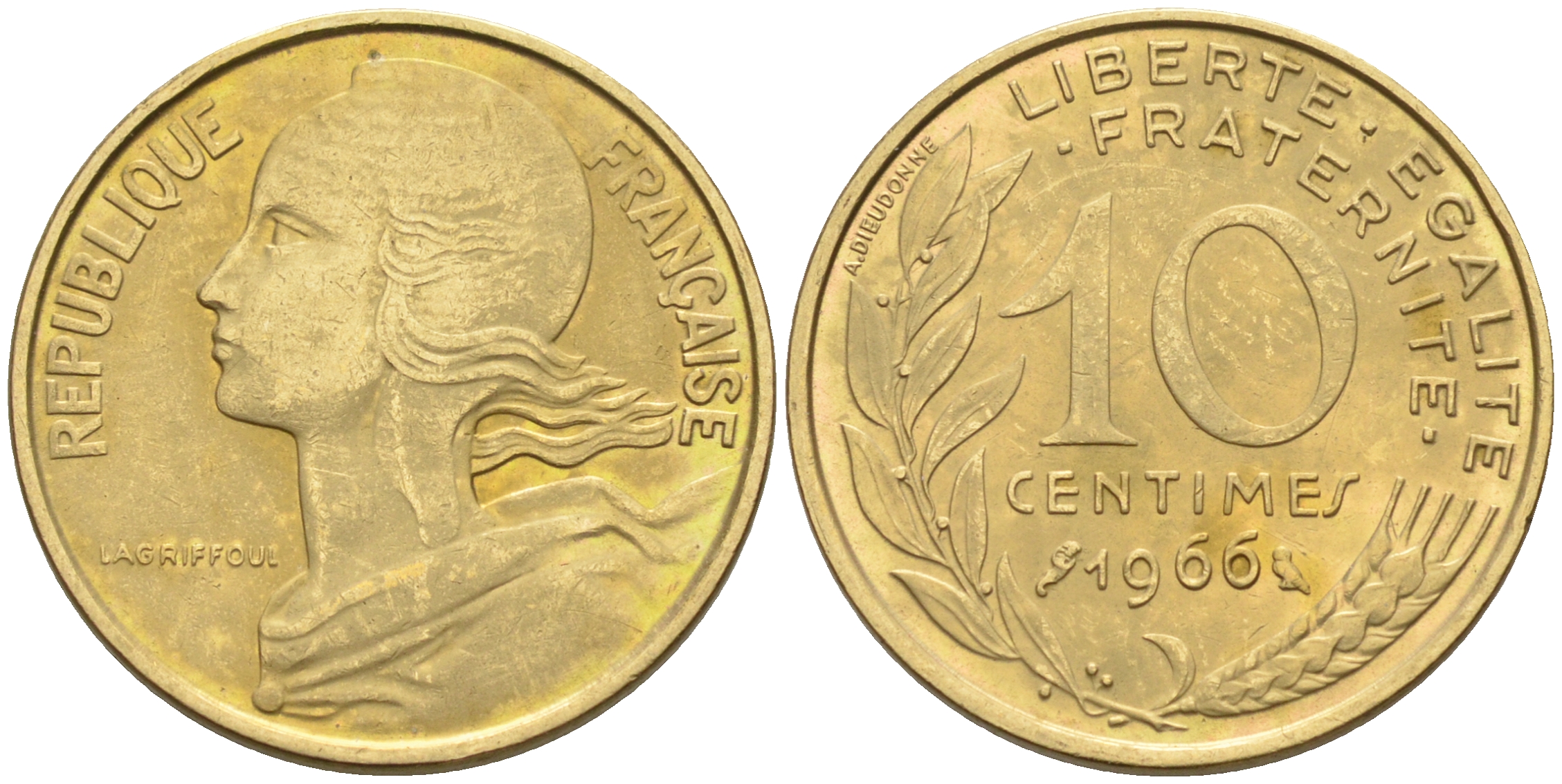 Франция 10 сантимов 1966 тип Марианна KM 929 медь алюминий никель    4594-1154