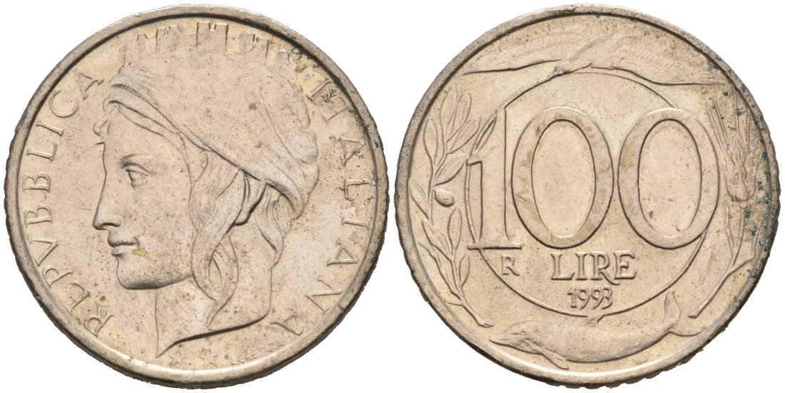 Италия 100 лир 1993 R KM 159 медно-никель 92-342