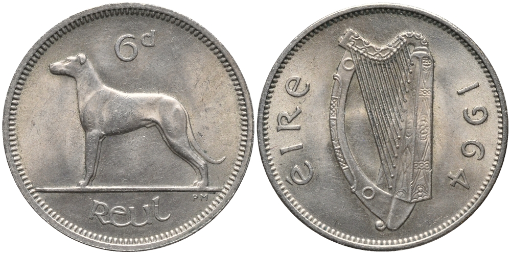 ИРЛАНДИЯ 6 ПЕНСОВ 1964 ИРЛАНДСКИЙ ВОЛКОДАВ KM 13а медно-никель UNC 4387-1113