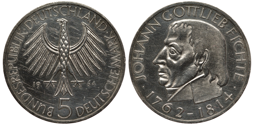 ФРГ 5 марок 1964 J, 150 лет со дня смерти Иоганна Готлиба Фихте J. 393, KM 118.1 серебро 413-1411