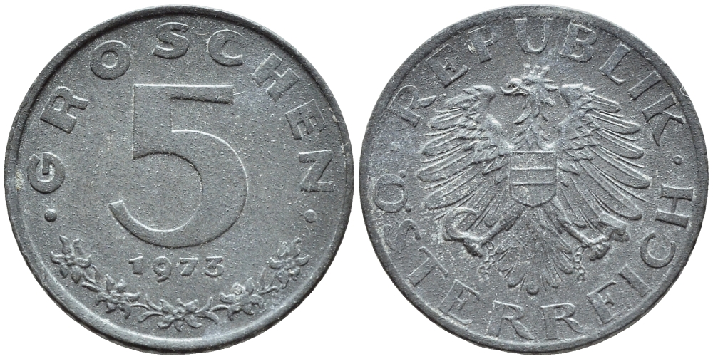 АВСТРИЯ 5 ГРОШЕЙ 1973 KM 2875 цинк 46-746