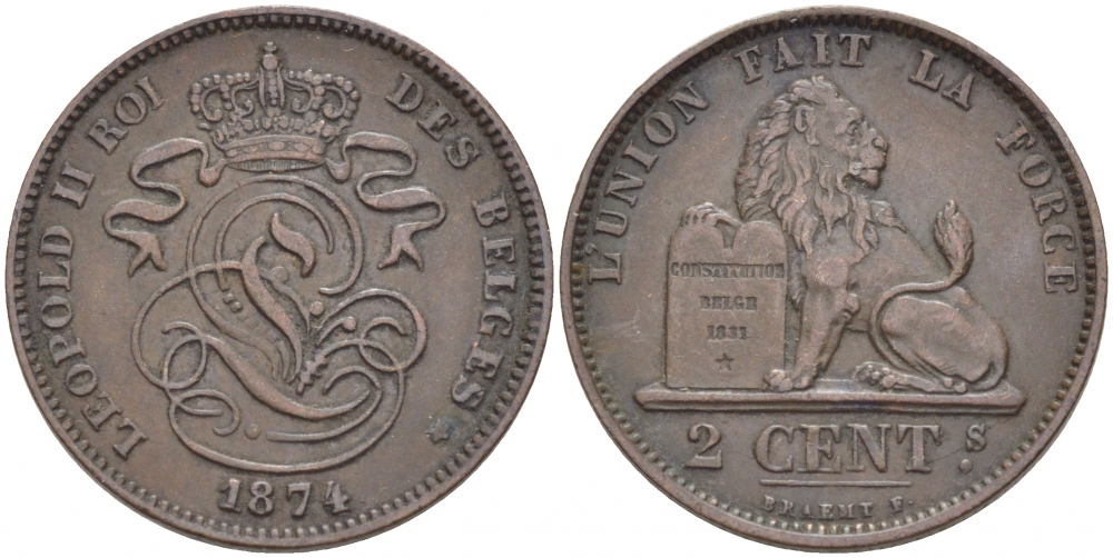 БЕЛЬГИЯ 2 САНТИМА 1874 BELGES KM 35.1 медь 110-147