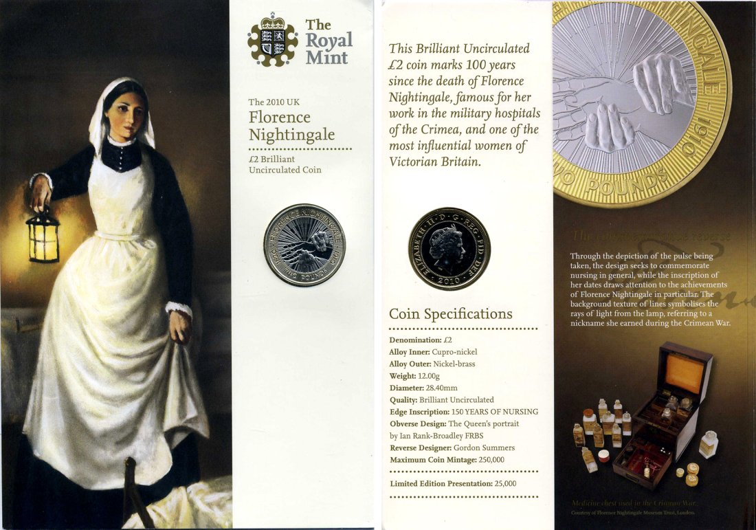 Великобритания 2 фунта 2010 Елизавета II (1952-2022), 100 лет со дня смерти Флоренс Найтингейл, в оригинальном картонном буклете KM 1160, Spink K26 биметалл BUNC 00-00
