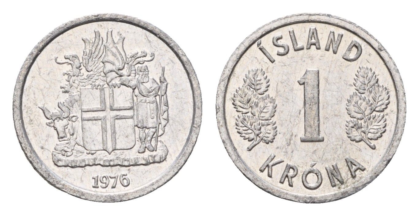 Исландия 1 крона 1976 KM 23 алюминий UNC 4687-768
