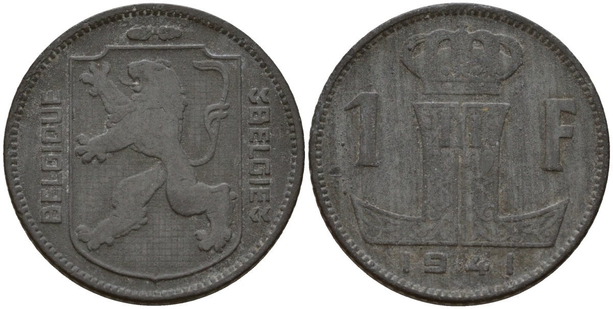 Бельгия 1 франк 1941 Belgique - Belgie, Леопольд III (1934-1947), германская оккупация, Вторая мировая война KM 127 цинк 4161-415