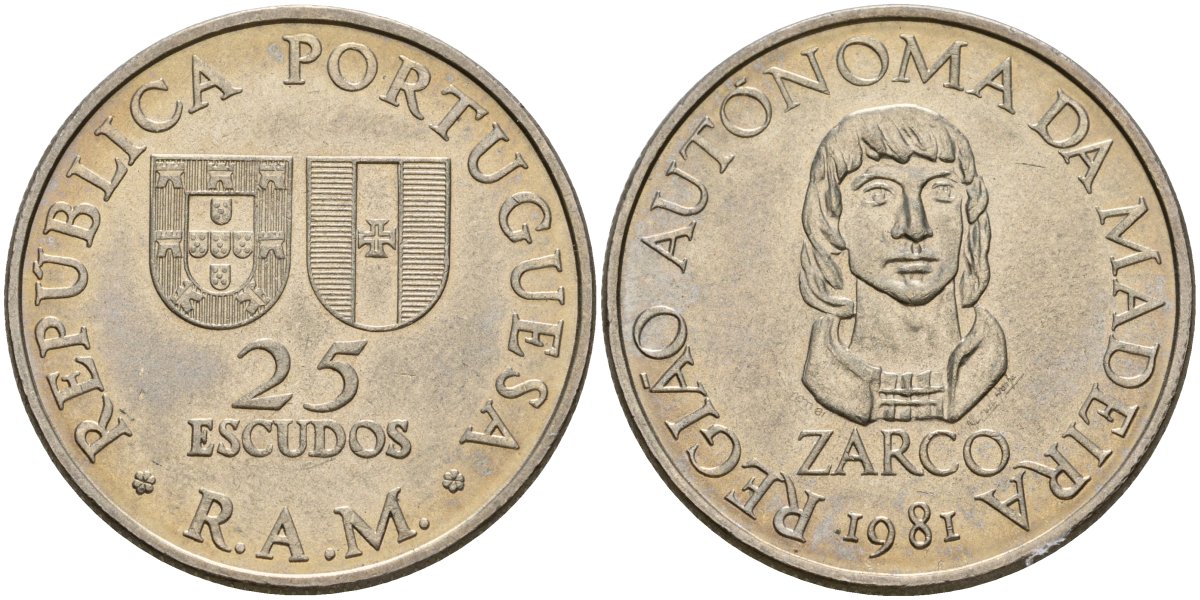 Португалия, Мадейра 25 эскудо 1981 Жуан Гонсалвиш Зарку KM 4 медно-никель 4587-1246