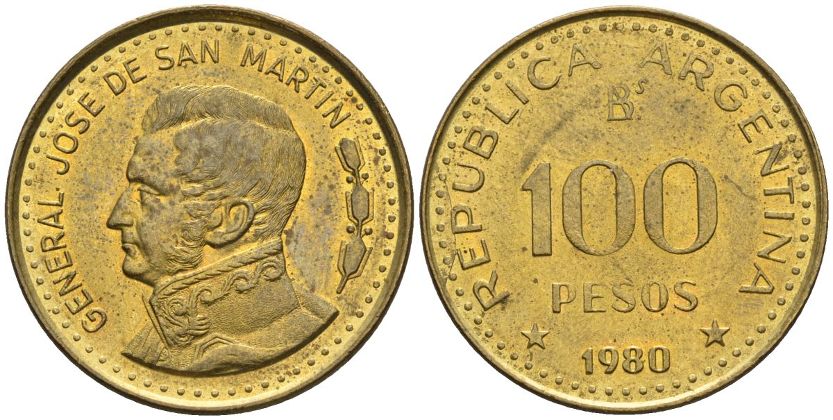 Аргентина 100 песо 1980 Ba, генерал Хосе де Сан Мартин KM 85a, Schon 86a сталь плакированная латунью    60-553