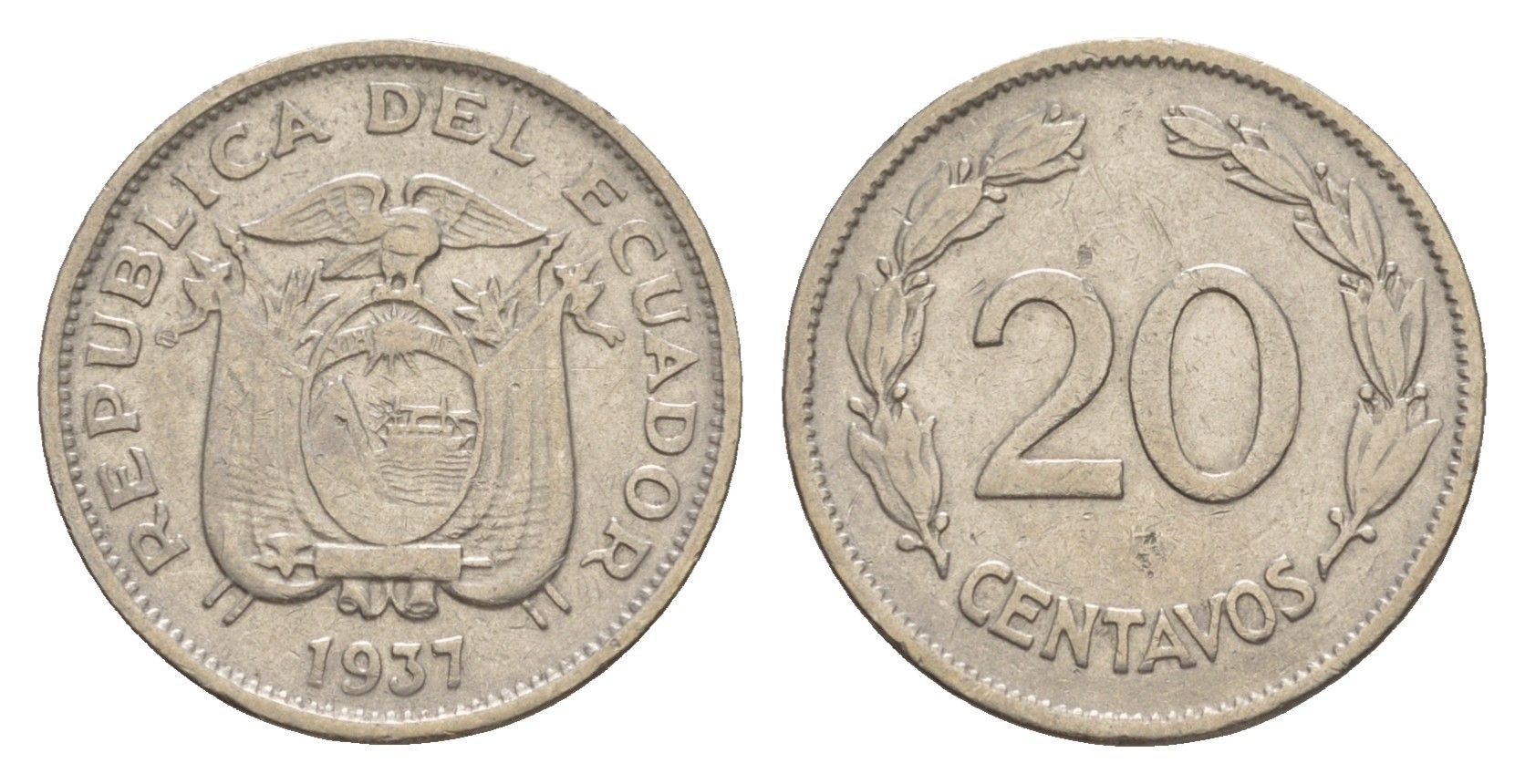 Эквадор 20 сентаво 1937 KM 77.1 никель 4640-1212