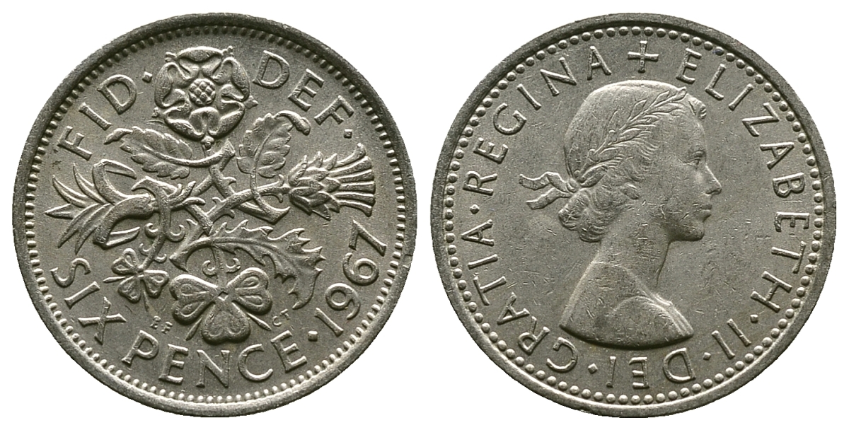 Великобритания 6 пенсов 1967 Елизавета II (1952-2022) KM 903, Spink 4149 медно-никель 4381-911