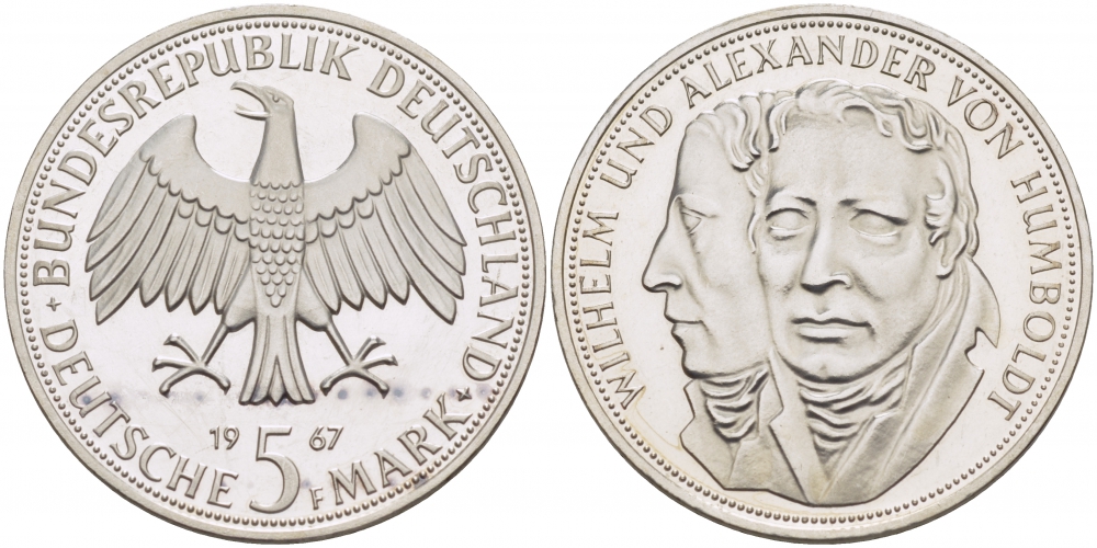 ФРГ 5 марок 1967 F, Вильгельм и Александр фон Гумбольдт J. 395, KM 120.1 серебро UNC 650-1312