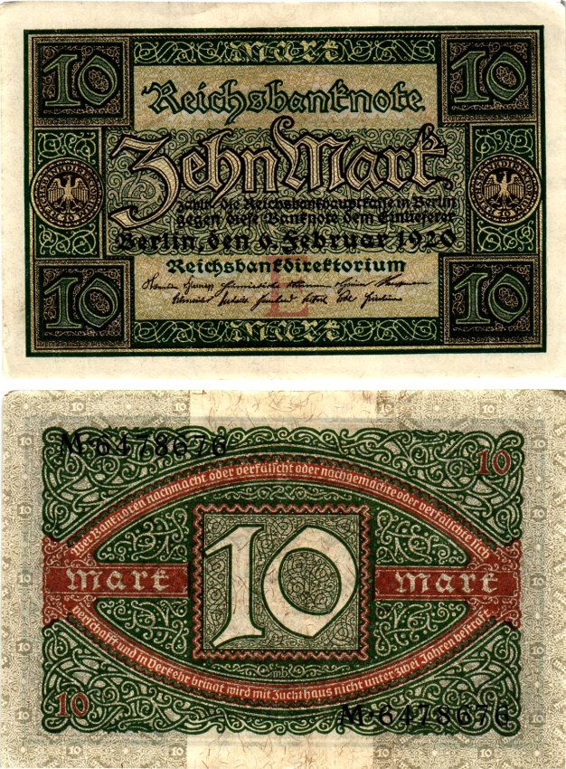 Германия 10 марок 1920 Pick 67a бумага aUNC 7375-42-3-1