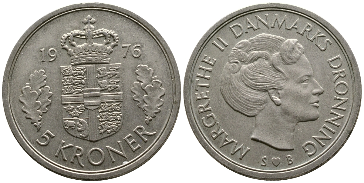 ДАНИЯ 5 КРОН 1976 S; B, МАРГРЕТЕ II (1972-) KM 863.1 медно-никель UNC 3334-324