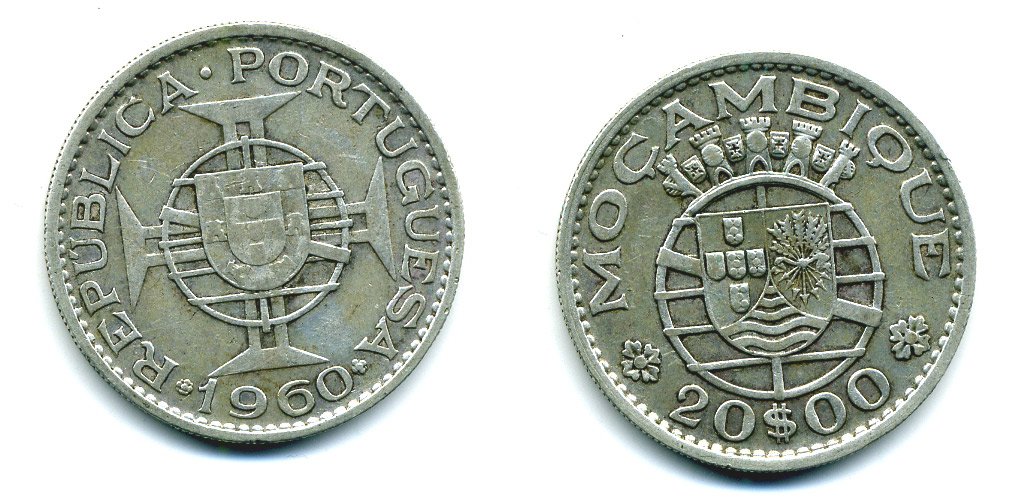 Португальский Мозамбик 20 эскудо 1960 год тип KM 80 серебро 37-531