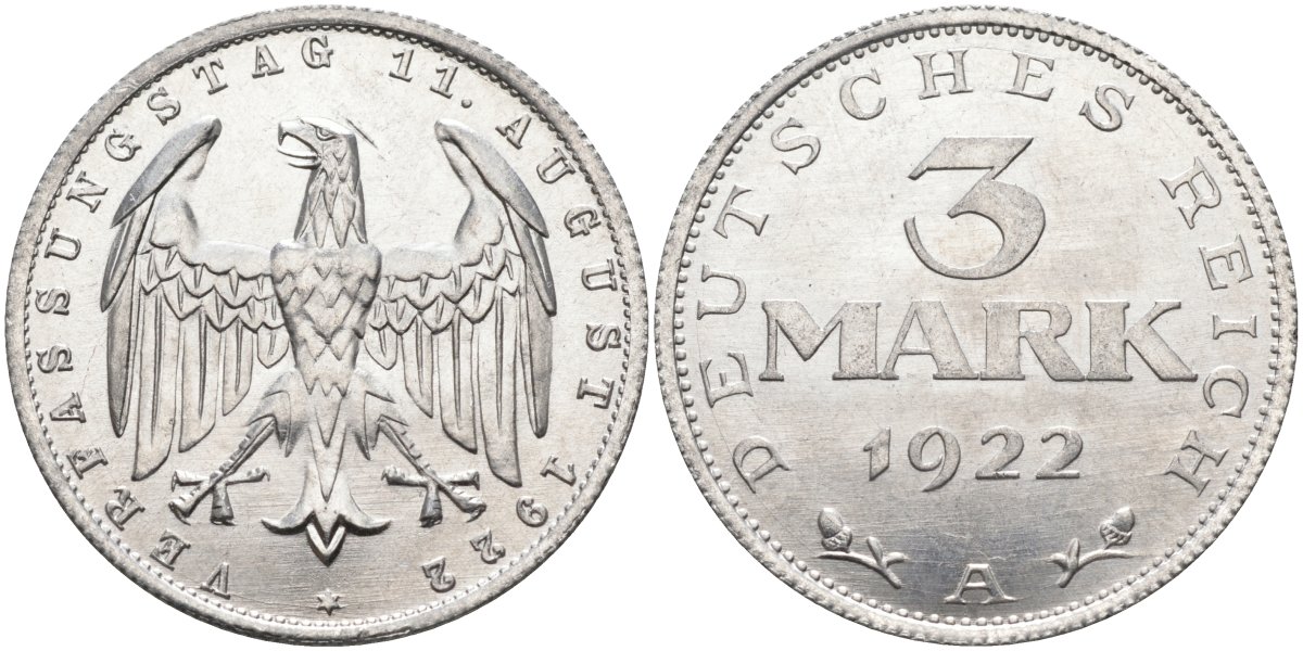 Германия 3 марки 1922 A, третья годовщина Веймарской Конституции KM 29, J.303 алюминий UNC 4587-143