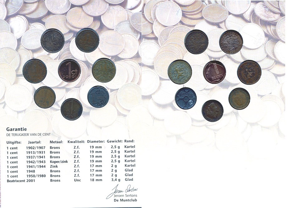 Нидерланды набор из 8 монет по 1 центу 1902-2001 история Нидерландов в монетах, до королевы Беатрикс 7-6-1-27