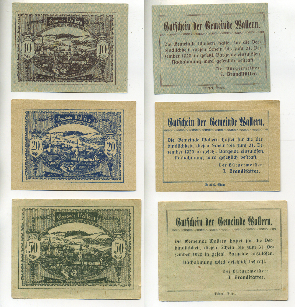 АВСТРИЯ НАБОР ИЗ 3 БАНКНОТ 1920 7 ИЮНЯ 1920-31 ДЕКАБРЯ 1920, НОТГЕЛЬД, 10, 20, 60 ГЕЛЛЕРОВ, VALDKIRCHEN a. W. бумага XF 6280-29-1