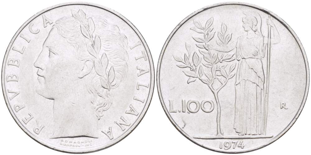 ИТАЛИЯ 100 ЛИР 1974 R, АФИНА KM 96.1 нержавеющая сталь 4526-325