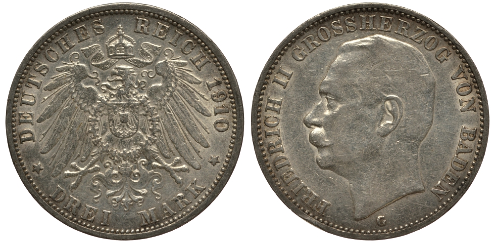 Баден 3 марки 1910 Фридрих II (1907-1918) J. 39, KM 280 серебро    3711-1642