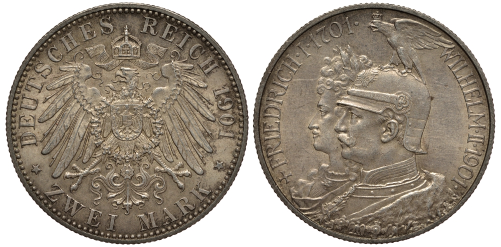 Пруссия 2 марки 1901 A, 200 лет Прусской королевской династии (Фридрих I - Вильгельм II) J.105, Weege 105, KM 525 серебро 3711-1125