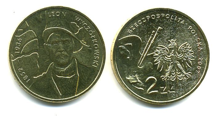 Польша 2 злотых 2007 серия польские художники XIX-XX вв. Леон Ян Вычулковский (1852-1936) KM 626 латунь UNC M5-09
