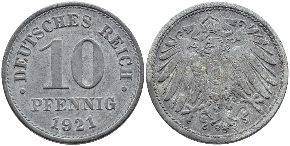 ГЕРМАНИЯ 10 ПФЕННИГОВ 1921 KM 26, J. 299 цинк 4395-1255