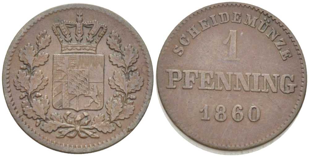 Бавария 1 пфенниг 1860 Максимилиан II (1848-1864) КМ 471 медь 201-246