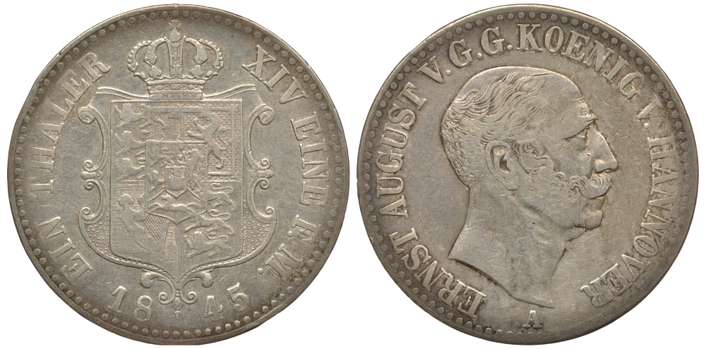 Брауншвейг-Каленберг-Ганновер 1 талер 1845 A, Эрнст Август (1837-1851) КМ 197.1 Welter 3139, Thun 164, AKS 105, Jaeger 69, Kahnt 232, Davenport 673 серебро 00-807-25