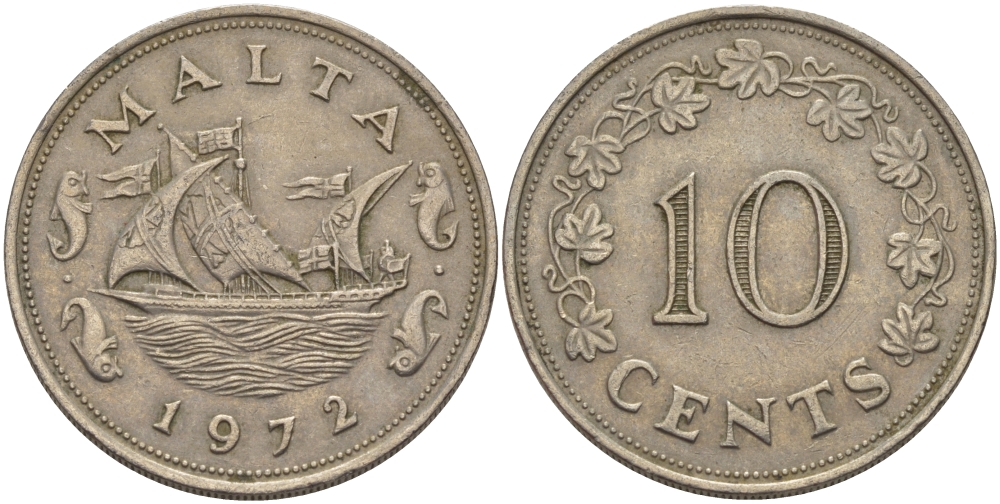Мальта 10 центов 1972 баржа Великого магистра KM 11 медно-никель 82-521
