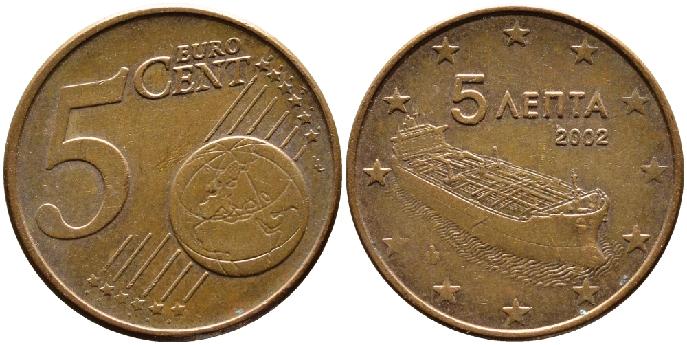 ГРЕЦИЯ 5 ЕВРОЦЕНТОВ 2002 KM 183 сталь плакированная медью 4390-1142