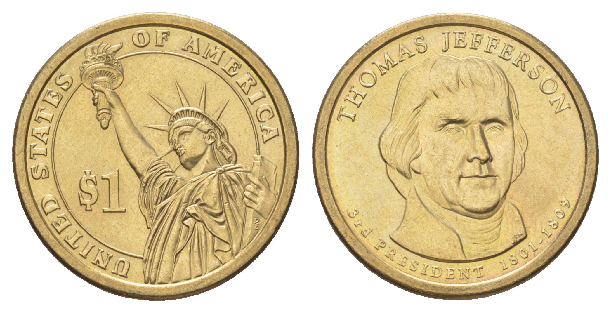 США 1 доллар 2007 D, Президент США - Томас Джеферсон (1801-1809) KM 403 медь с марганцево-латунным покрытием UNC 4629-235
