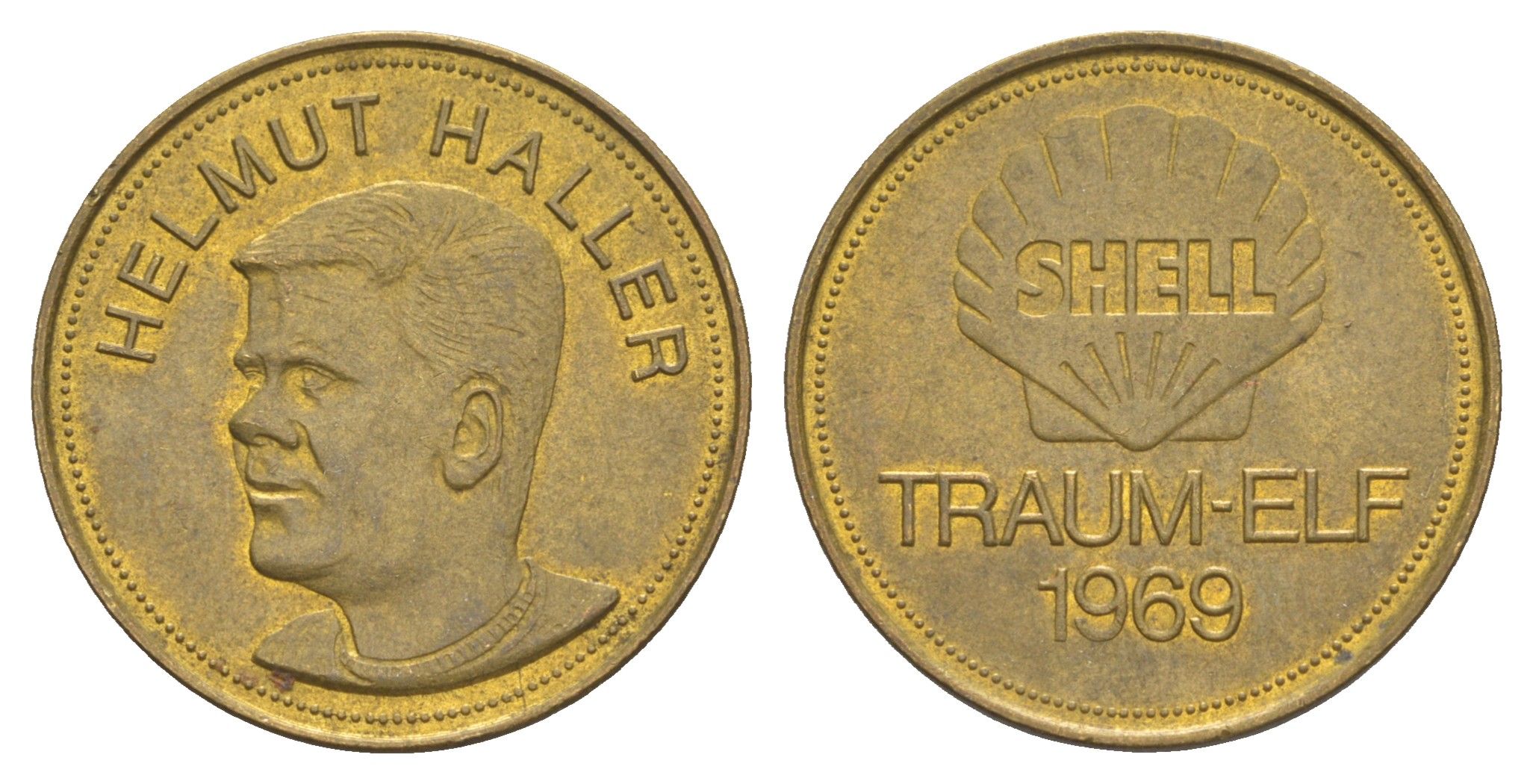 Германия жетон Shell - Dream Team Германии - Хельмут Халлер 1969 диаметр 26 мм, вес 5 гр сталь плакированная латунью 4175-745