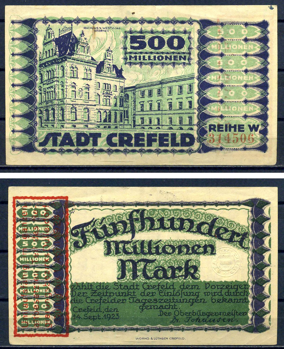 Крефельд (Пруссия, Рейн) 500000000 марок 1923 бумага UNC (пресс) 7556-37-3-1