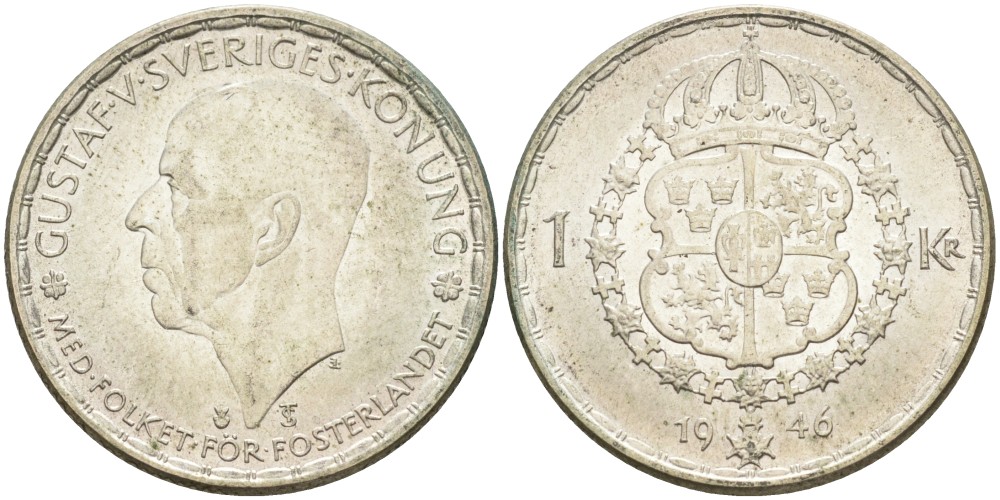 Швеция 1 крона 1946 TS, Густав V (1907-1950) KM 814 серебро UNC 3457-325